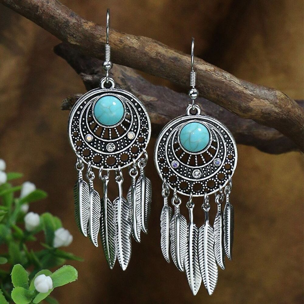 Bohemian Faux Turquoise Beaded Dream Catcher Feather Dangle Earrings Silver Tone